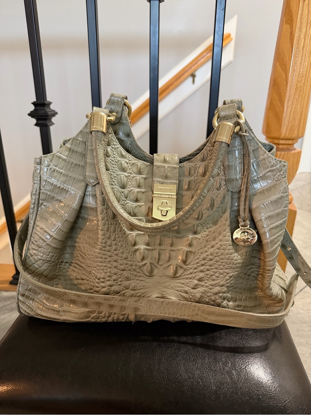 Brahmin Olive Green Croc-Embossed Leather Shoulder Bag with Gold Hardware